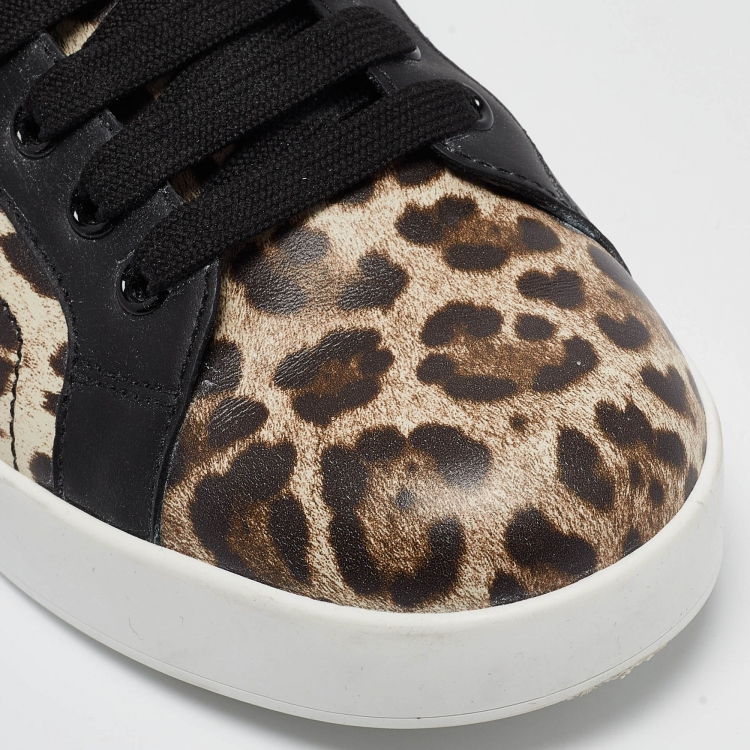 Pre Owned Dolce & Gabbana Brown/Brown Leopard Print Leather Portofino Sneakers Size 38