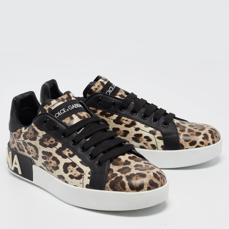 Pre Owned Dolce & Gabbana Brown/Brown Leopard Print Leather Portofino Sneakers Size 38