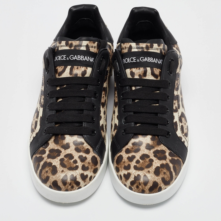 Pre Owned Dolce & Gabbana Brown/Brown Leopard Print Leather Portofino Sneakers Size 38