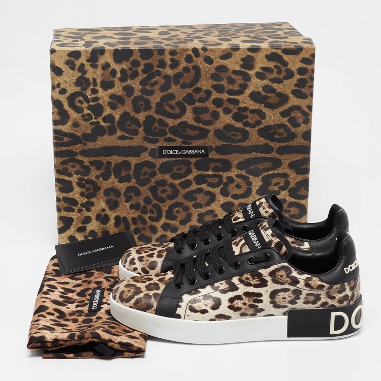 Pre Owned Dolce & Gabbana Brown/Brown Leopard Print Leather Portofino Sneakers Size 38