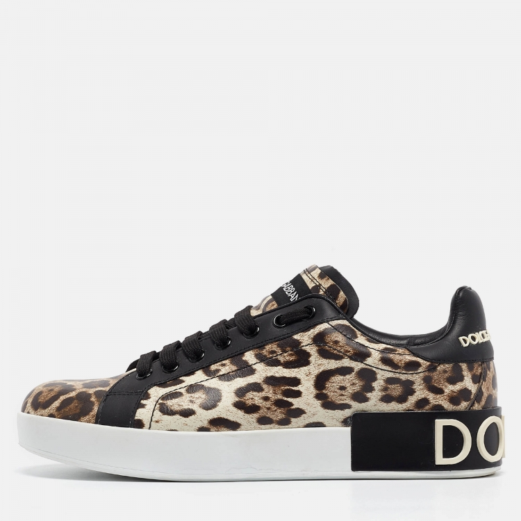 Pre Owned Dolce & Gabbana Brown/Brown Leopard Print Leather Portofino Sneakers Size 38
