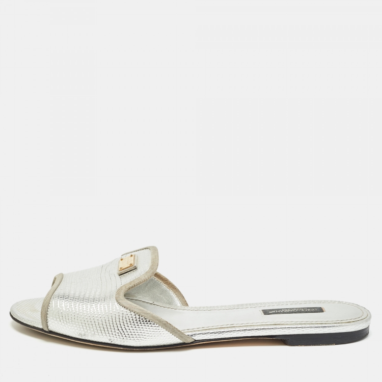 Pre Owned Dolce & Gabbana Silver Embossed Lizard Flat Slides Size 39