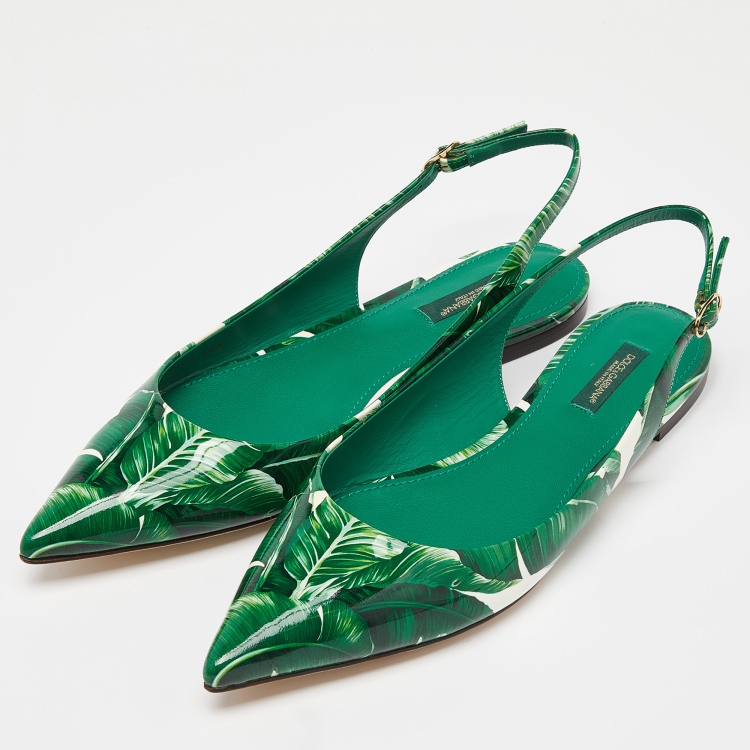 Pre Owned Dolce & Gabbana Green/White Banana Leaf-Print Patent Leather Slingback Flats Size 40.5
