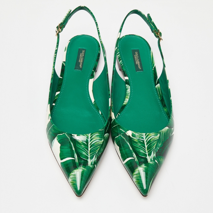 Pre Owned Dolce & Gabbana Green/White Banana Leaf-Print Patent Leather Slingback Flats Size 40.5