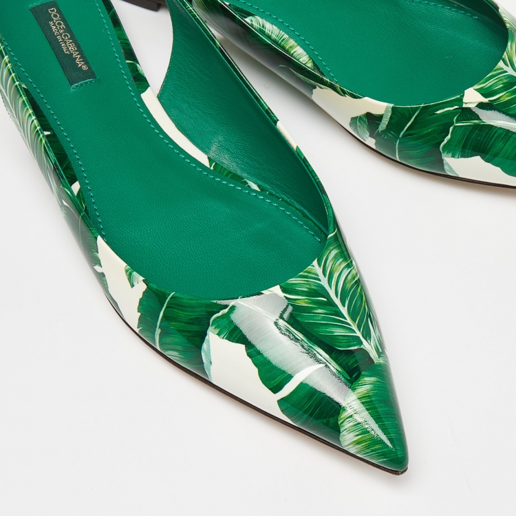 Pre Owned Dolce & Gabbana Green/White Banana Leaf-Print Patent Leather Slingback Flats Size 40.5