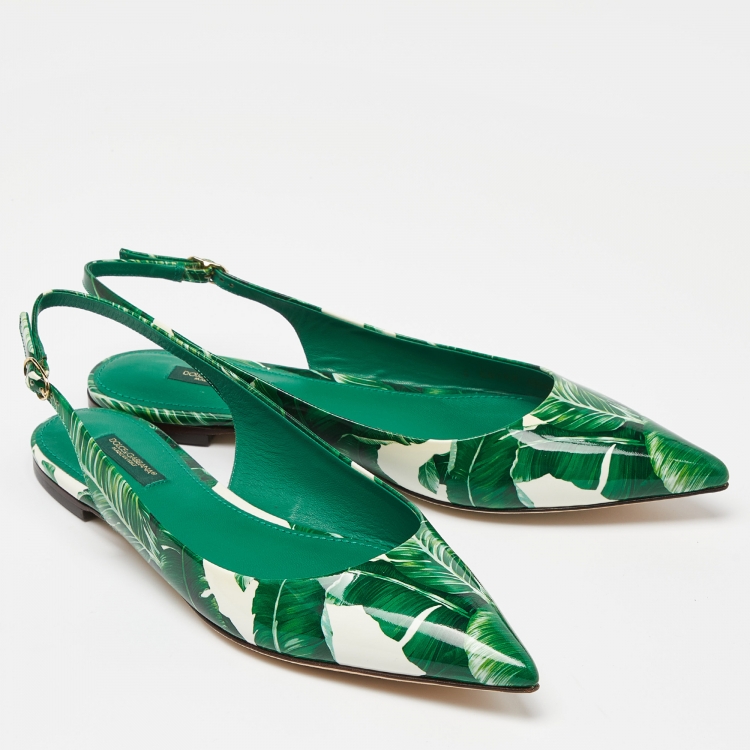 Pre Owned Dolce & Gabbana Green/White Banana Leaf-Print Patent Leather Slingback Flats Size 40.5