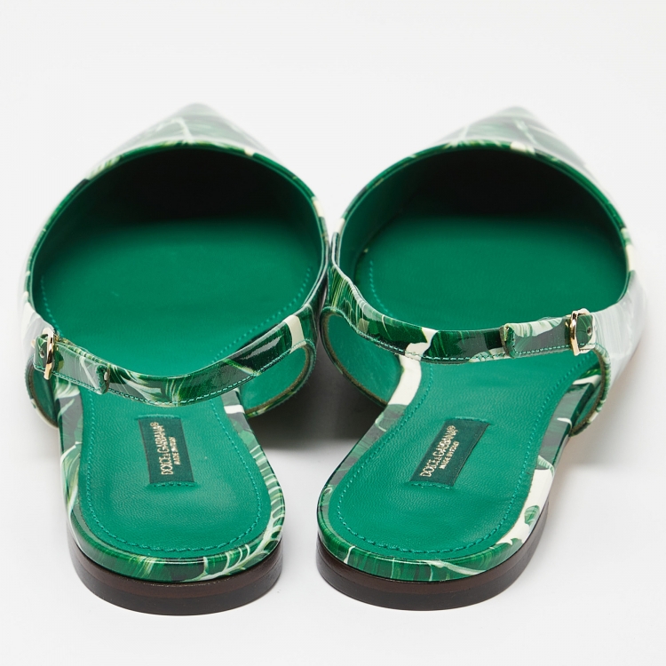 Pre Owned Dolce & Gabbana Green/White Banana Leaf-Print Patent Leather Slingback Flats Size 40.5