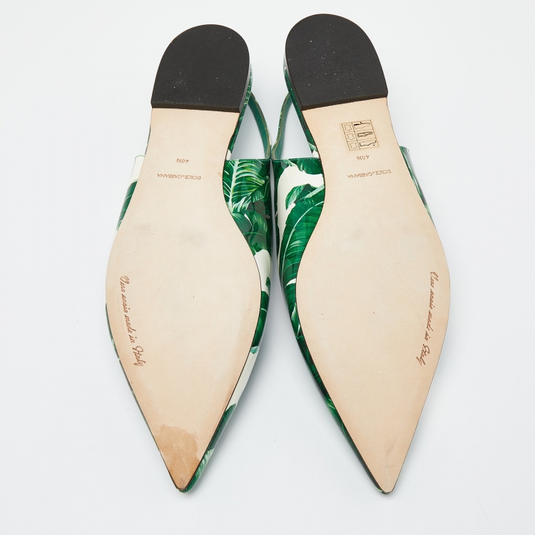 Pre Owned Dolce & Gabbana Green/White Banana Leaf-Print Patent Leather Slingback Flats Size 40.5
