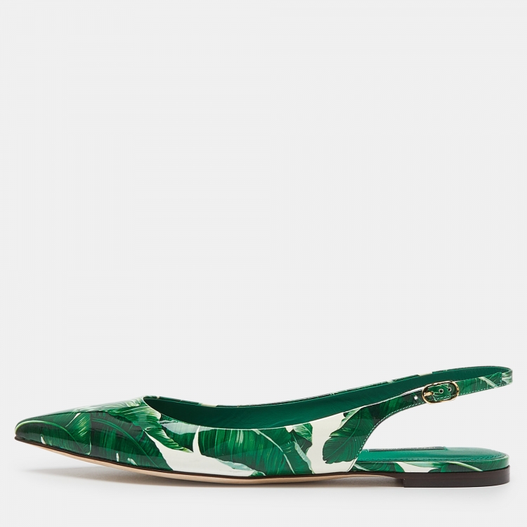 Pre Owned Dolce & Gabbana Green/White Banana Leaf-Print Patent Leather Slingback Flats Size 40.5