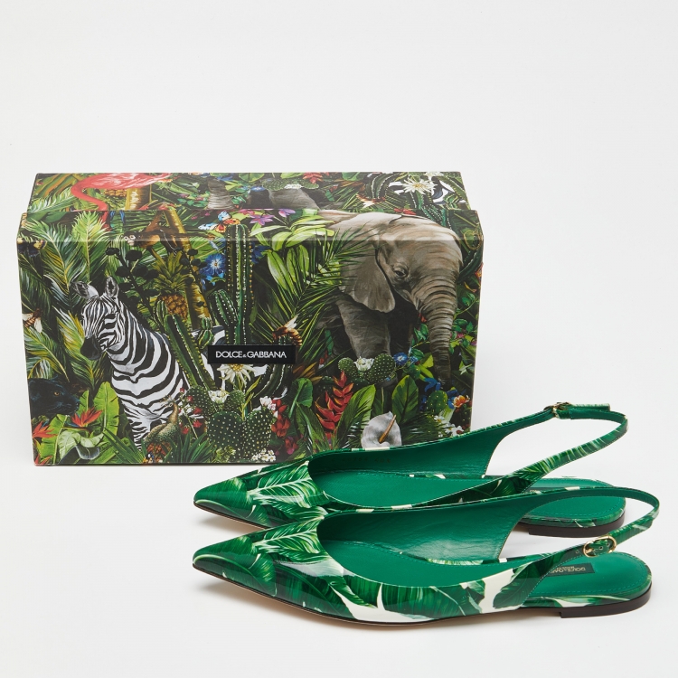 Pre Owned Dolce & Gabbana Green/White Banana Leaf-Print Patent Leather Slingback Flats Size 40.5