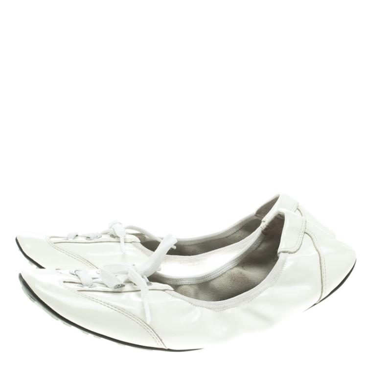 Pre Owned Dolce and Gabbana White Leather Lace Up Scrunch Ballet Flats Size 37.5