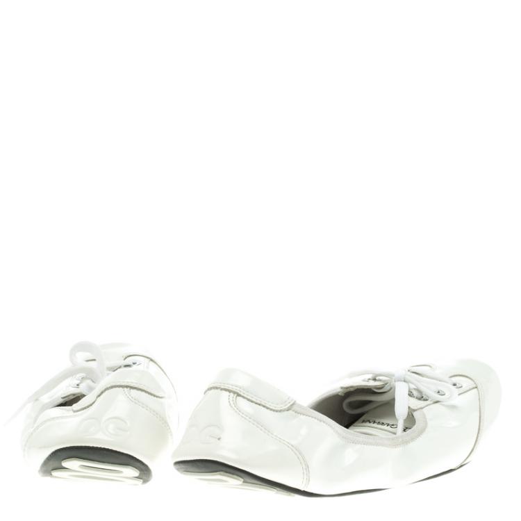 Pre Owned Dolce and Gabbana White Leather Lace Up Scrunch Ballet Flats Size 37.5
