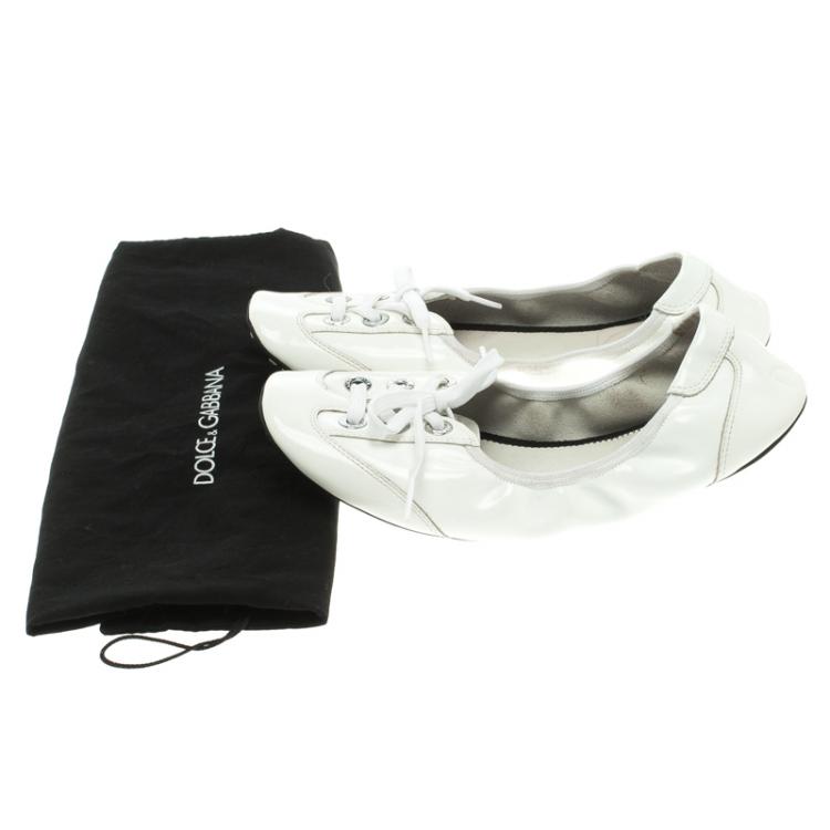 Pre Owned Dolce and Gabbana White Leather Lace Up Scrunch Ballet Flats Size 37.5