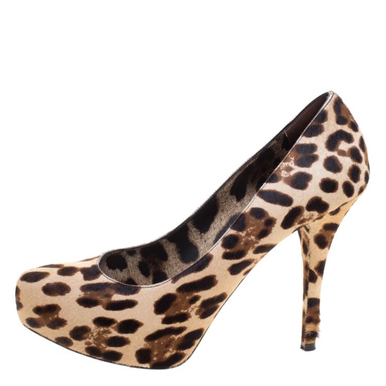 Pre Owned Dolce and Gabbana Brown Leopard Print Calf Hair Platform Pumps Size 41
