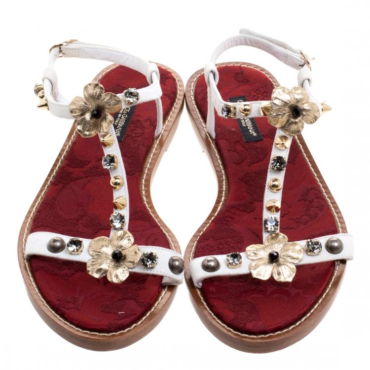 Pre Owned Dolce and Gabbana White Leather Embellished Flats Size 36