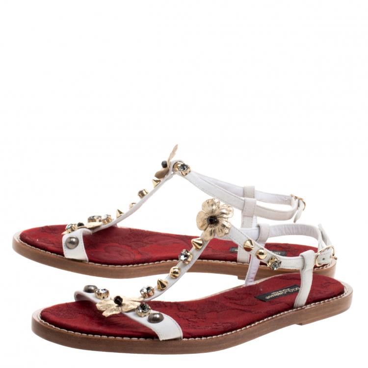 Pre Owned Dolce and Gabbana White Leather Embellished Flats Size 36