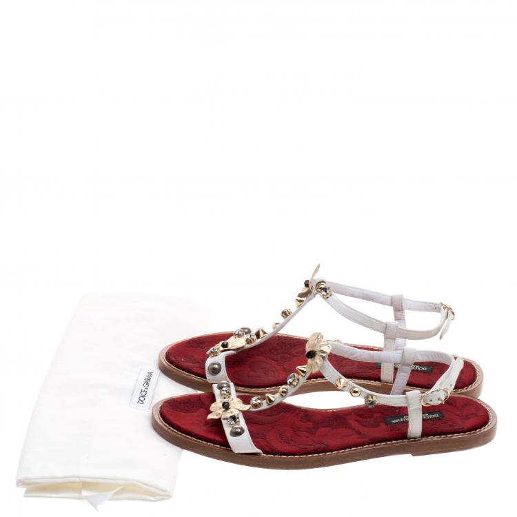 Pre Owned Dolce and Gabbana White Leather Embellished Flats Size 36