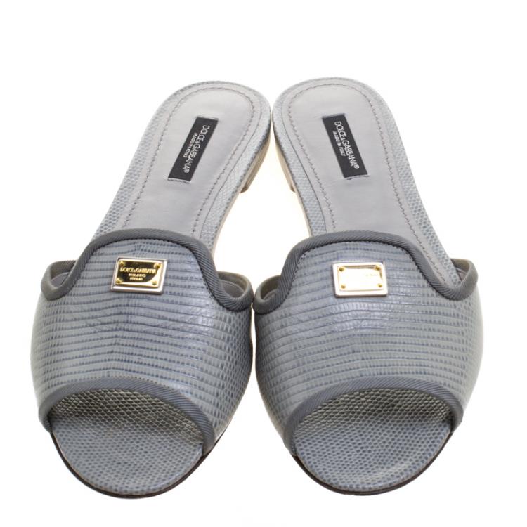 Pre Owned Dolce and Gabbana Grey Lizard Leather Flat Slides Size 38.5