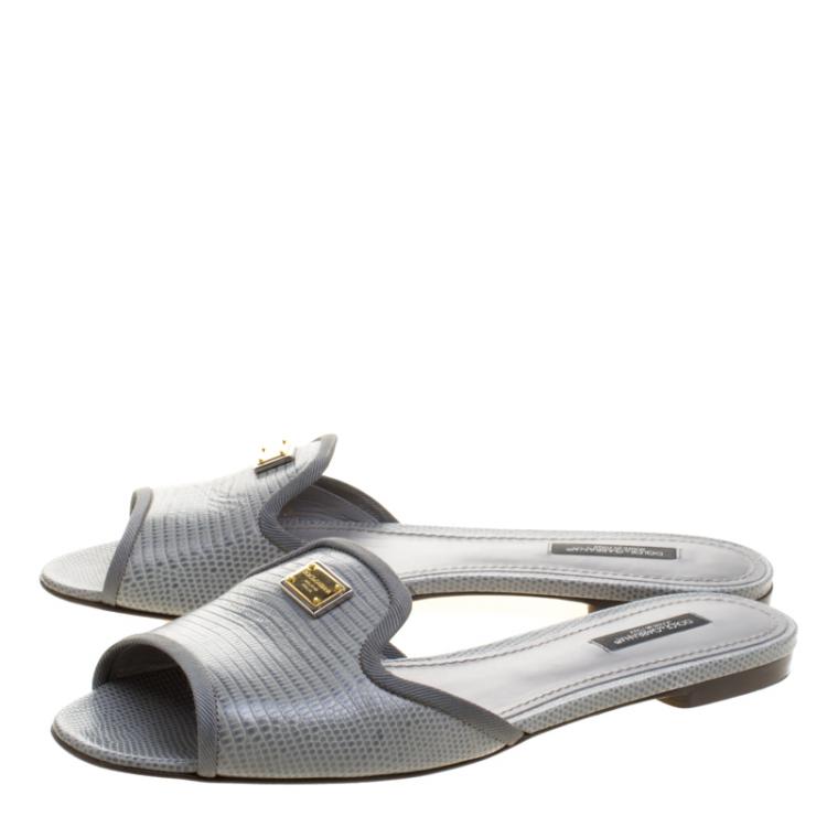 Pre Owned Dolce and Gabbana Grey Lizard Leather Flat Slides Size 38.5