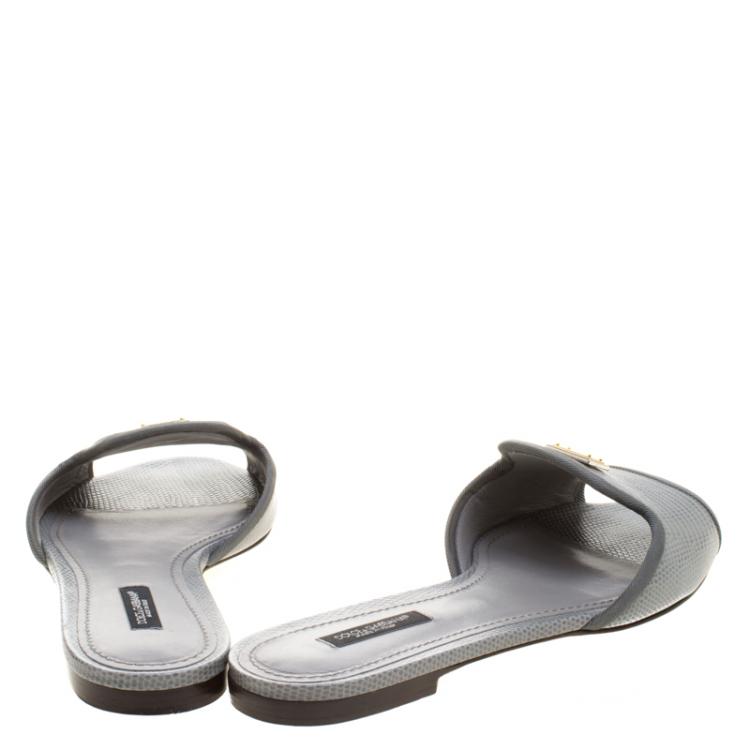 Pre Owned Dolce and Gabbana Grey Lizard Leather Flat Slides Size 38.5