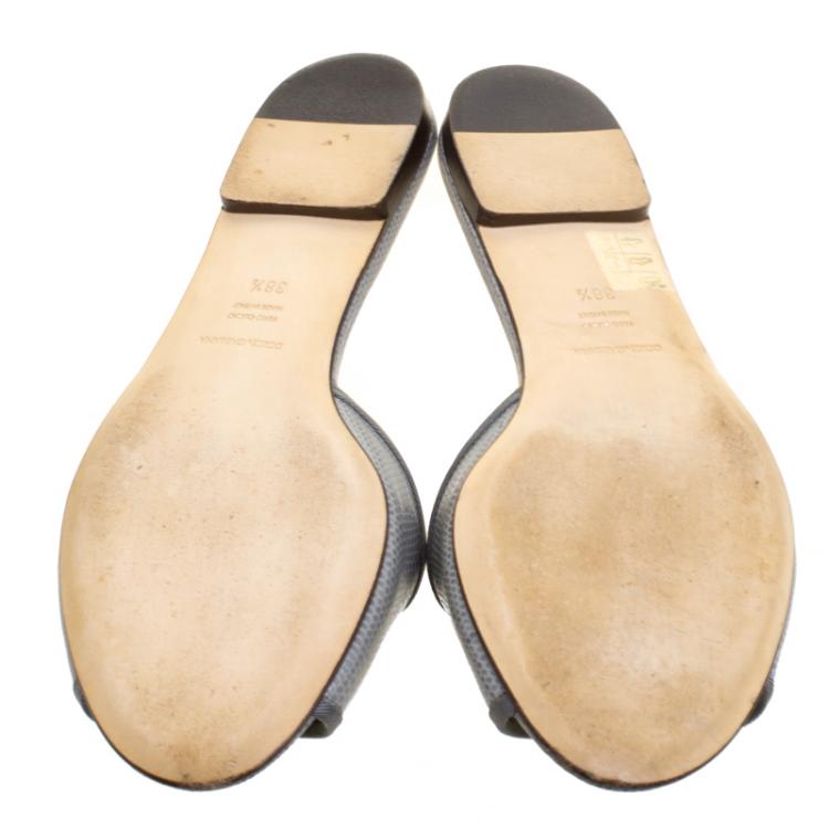 Pre Owned Dolce and Gabbana Grey Lizard Leather Flat Slides Size 38.5