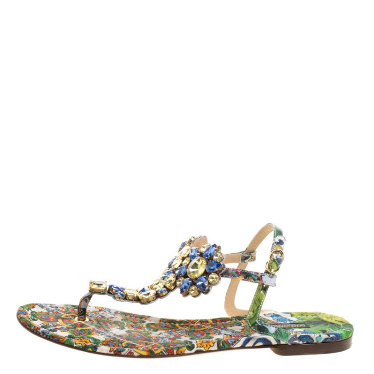 Pre Owned Dolce and Gabbana Two Tone Crystal Embellished Thong Strap Flat Sandals Size 40