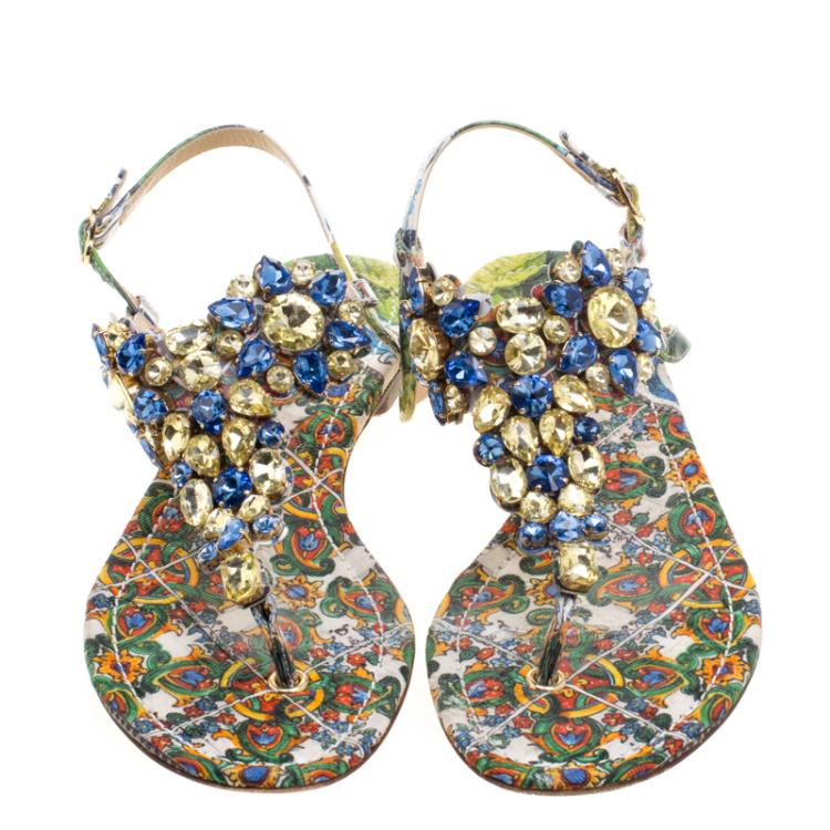 Pre Owned Dolce and Gabbana Two Tone Crystal Embellished Thong Strap Flat Sandals Size 40