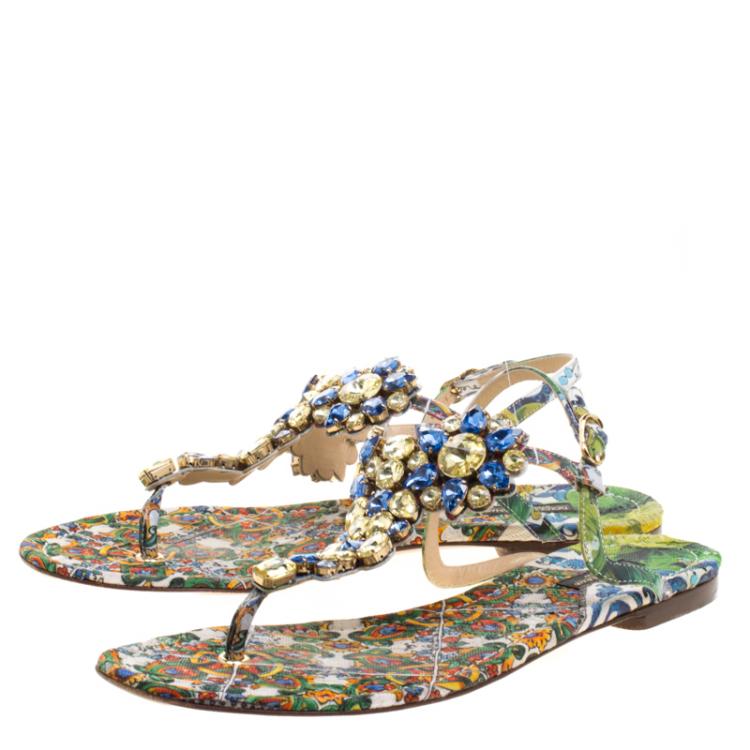Pre Owned Dolce and Gabbana Two Tone Crystal Embellished Thong Strap Flat Sandals Size 40
