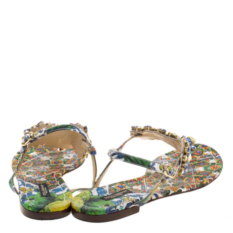 Pre Owned Dolce and Gabbana Two Tone Crystal Embellished Thong Strap Flat Sandals Size 40