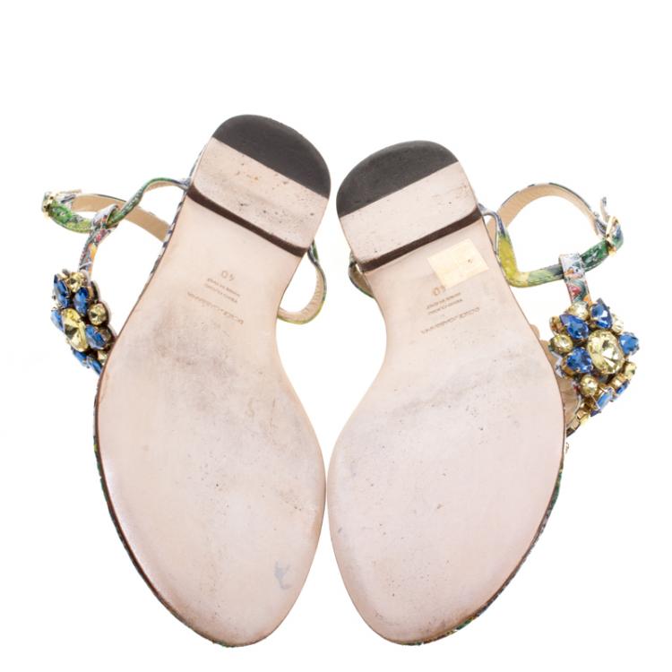 Pre Owned Dolce and Gabbana Two Tone Crystal Embellished Thong Strap Flat Sandals Size 40