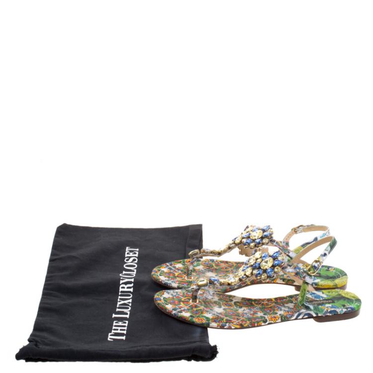 Pre Owned Dolce and Gabbana Two Tone Crystal Embellished Thong Strap Flat Sandals Size 40