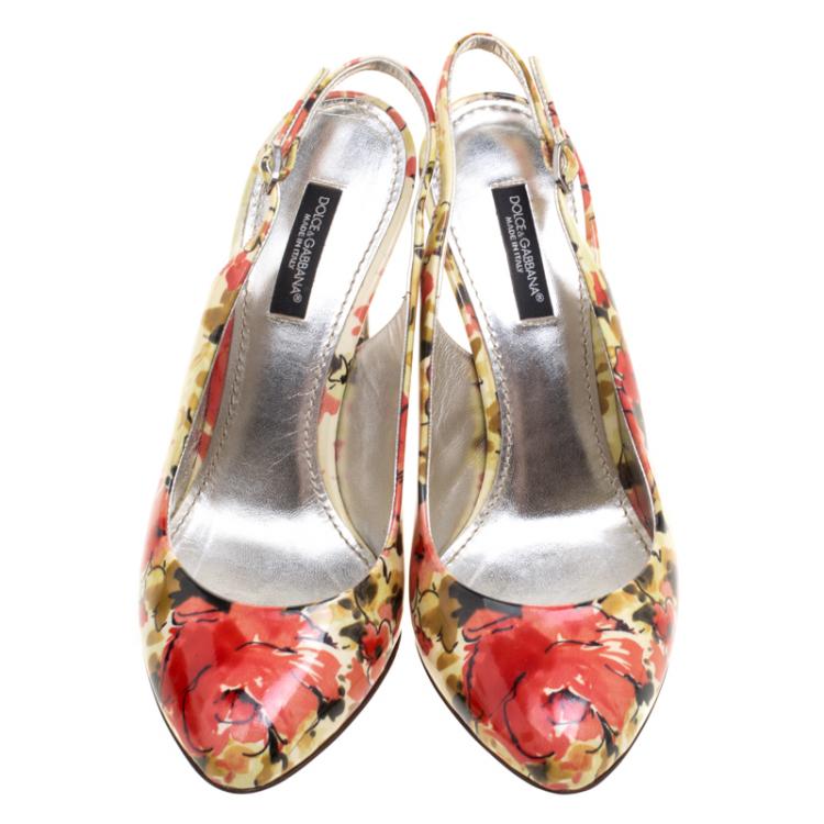 Pre Owned Dolce & Gabbana Floral Print Patent Leather Slingback Sandals Size 36