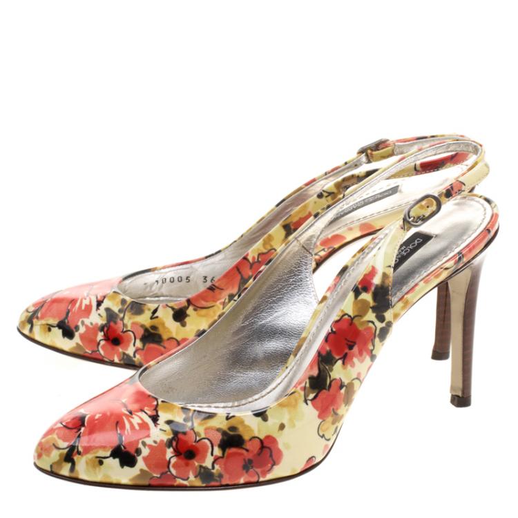 Pre Owned Dolce & Gabbana Floral Print Patent Leather Slingback Sandals Size 36
