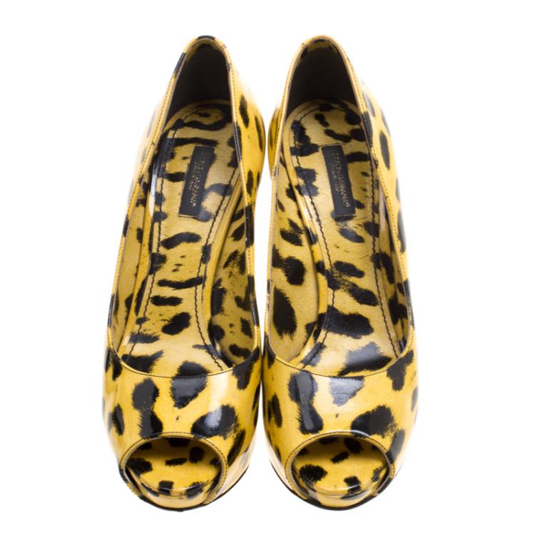 Pre Owned Dolce and Gabbana Yellow Leopard Print Patent Leather Peep Toe Platform Pumps Size 39