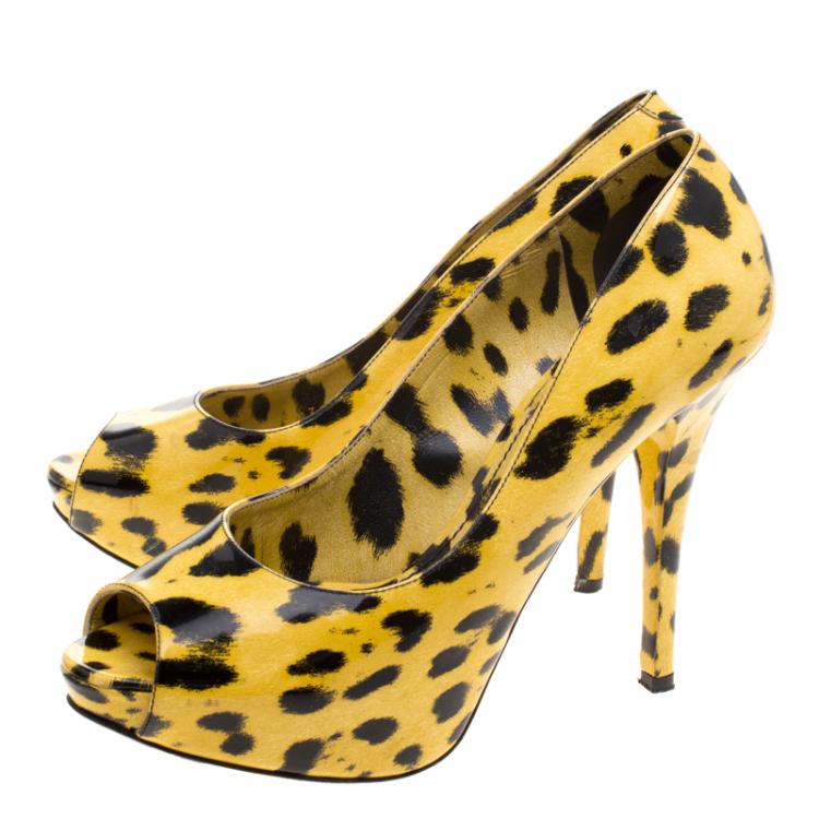 Pre Owned Dolce and Gabbana Yellow Leopard Print Patent Leather Peep Toe Platform Pumps Size 39