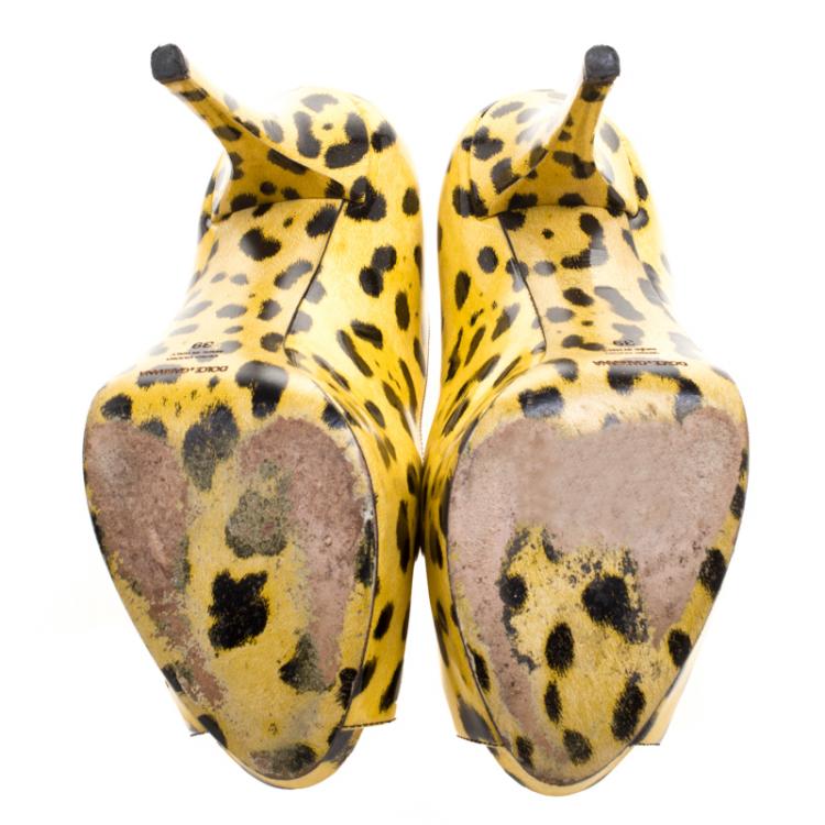 Pre Owned Dolce and Gabbana Yellow Leopard Print Patent Leather Peep Toe Platform Pumps Size 39