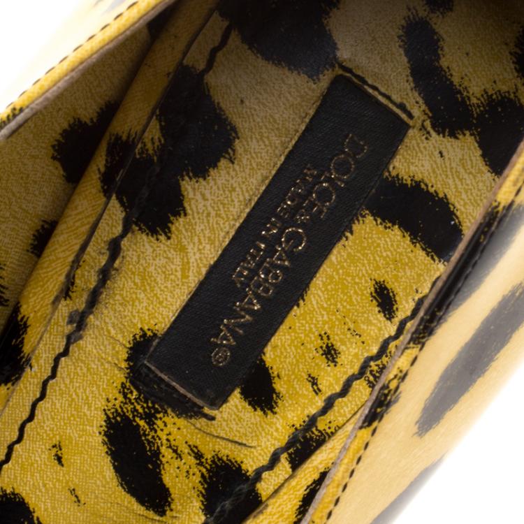 Pre Owned Dolce and Gabbana Yellow Leopard Print Patent Leather Peep Toe Platform Pumps Size 39