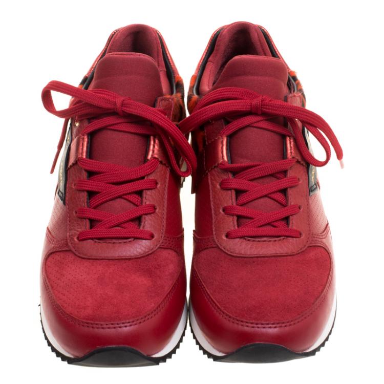 Pre Owned Dolce and Gabbana Red Leather And Leopard Print Calf Hair Sneakers Size 37.5