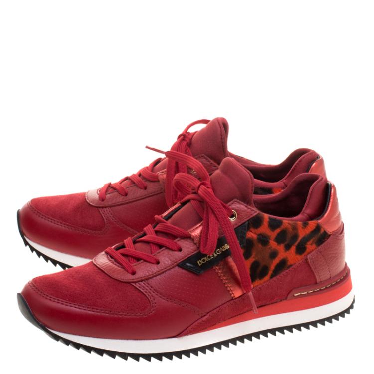 Pre Owned Dolce and Gabbana Red Leather And Leopard Print Calf Hair Sneakers Size 37.5