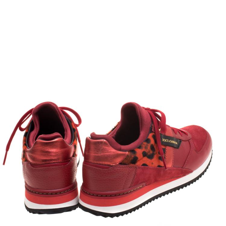 Pre Owned Dolce and Gabbana Red Leather And Leopard Print Calf Hair Sneakers Size 37.5