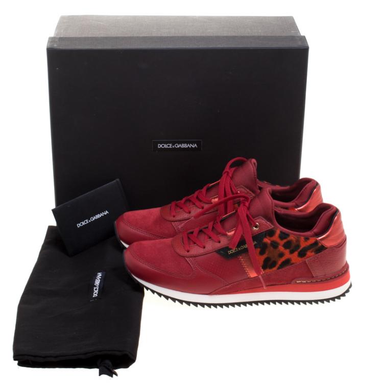 Pre Owned Dolce and Gabbana Red Leather And Leopard Print Calf Hair Sneakers Size 37.5