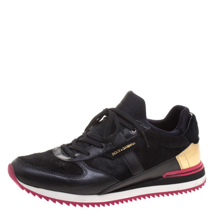 Pre Owned Dolce and Gabbana Black Leather And Pony Hair Nigeria Sneakers Size 39