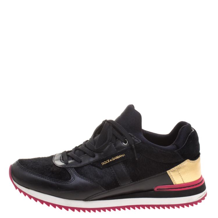 Pre Owned Dolce and Gabbana Black Leather And Pony Hair Nigeria Sneakers Size 39