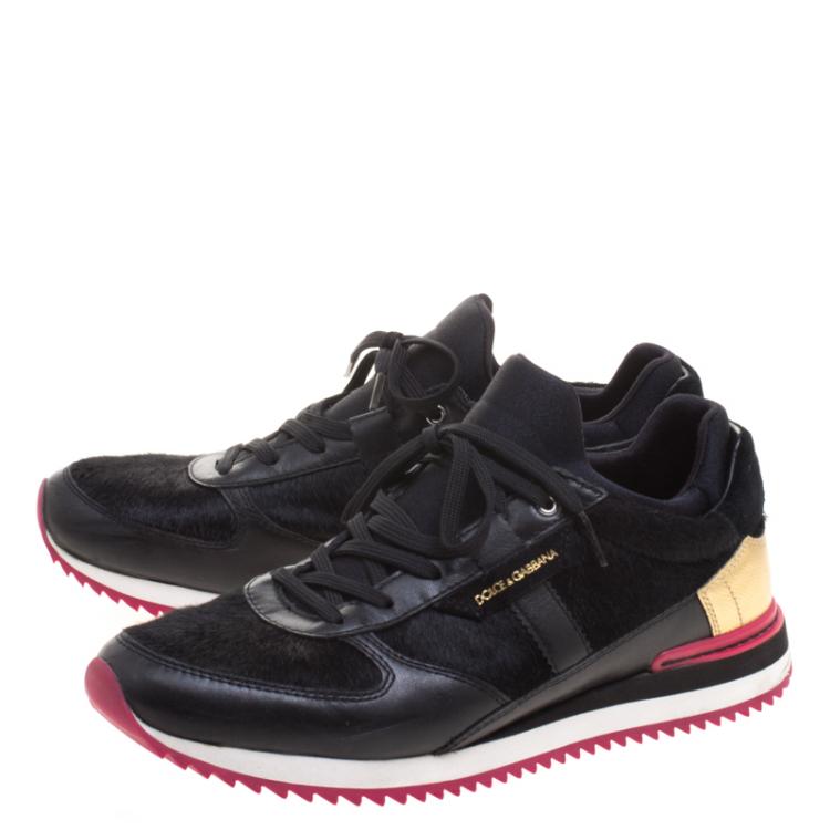 Pre Owned Dolce and Gabbana Black Leather And Pony Hair Nigeria Sneakers Size 39