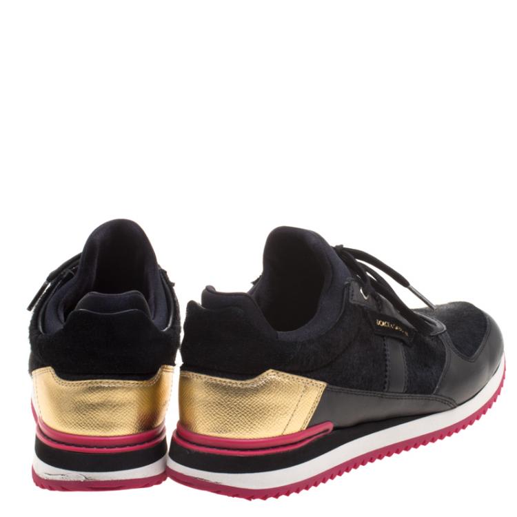 Pre Owned Dolce and Gabbana Black Leather And Pony Hair Nigeria Sneakers Size 39