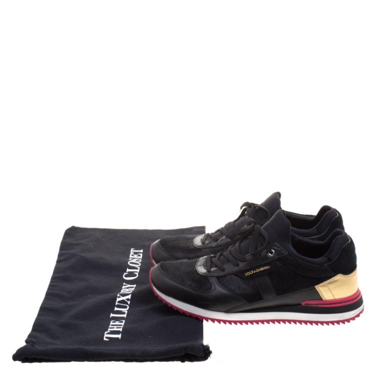 Pre Owned Dolce and Gabbana Black Leather And Pony Hair Nigeria Sneakers Size 39