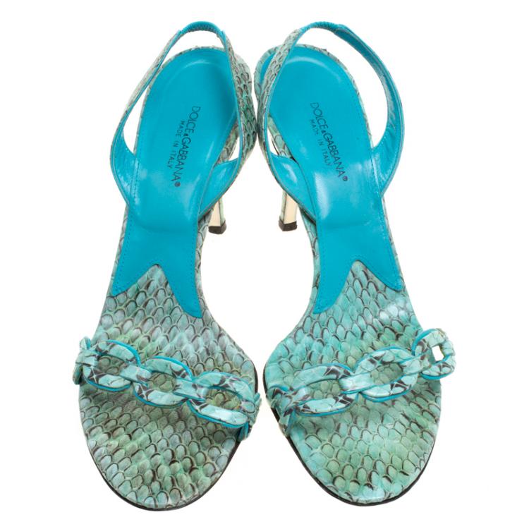 Pre Owned Dolce and Gabbana Persian Green Python Slingback Sandals Size 38.5