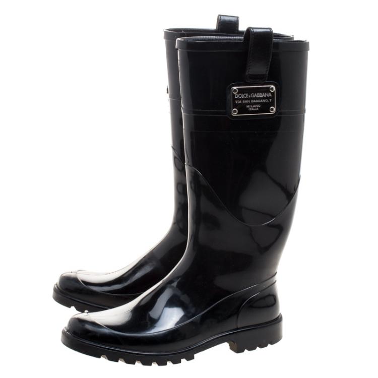 Pre Owned Dolce And Gabbana Dual Tone Sequins Embellished Leather Wellington Rubber Rain Boots Size 37
