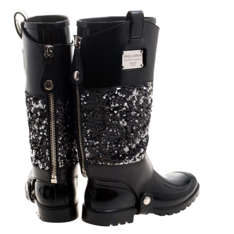 Pre Owned Dolce And Gabbana Dual Tone Sequins Embellished Leather Wellington Rubber Rain Boots Size 37