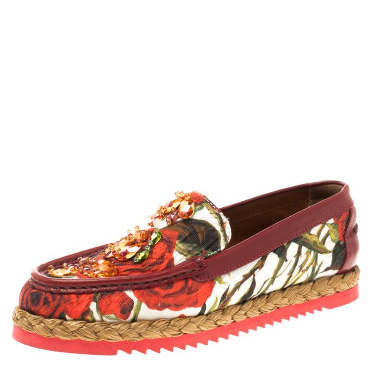 Pre Owned Dolce and Gabbana Red Floral Printed Fabric Crystal Embellished Espadrille Flats Size 37